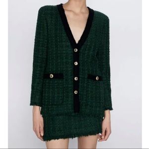 Green Bouclé V-Neck Jacket with Black Trim